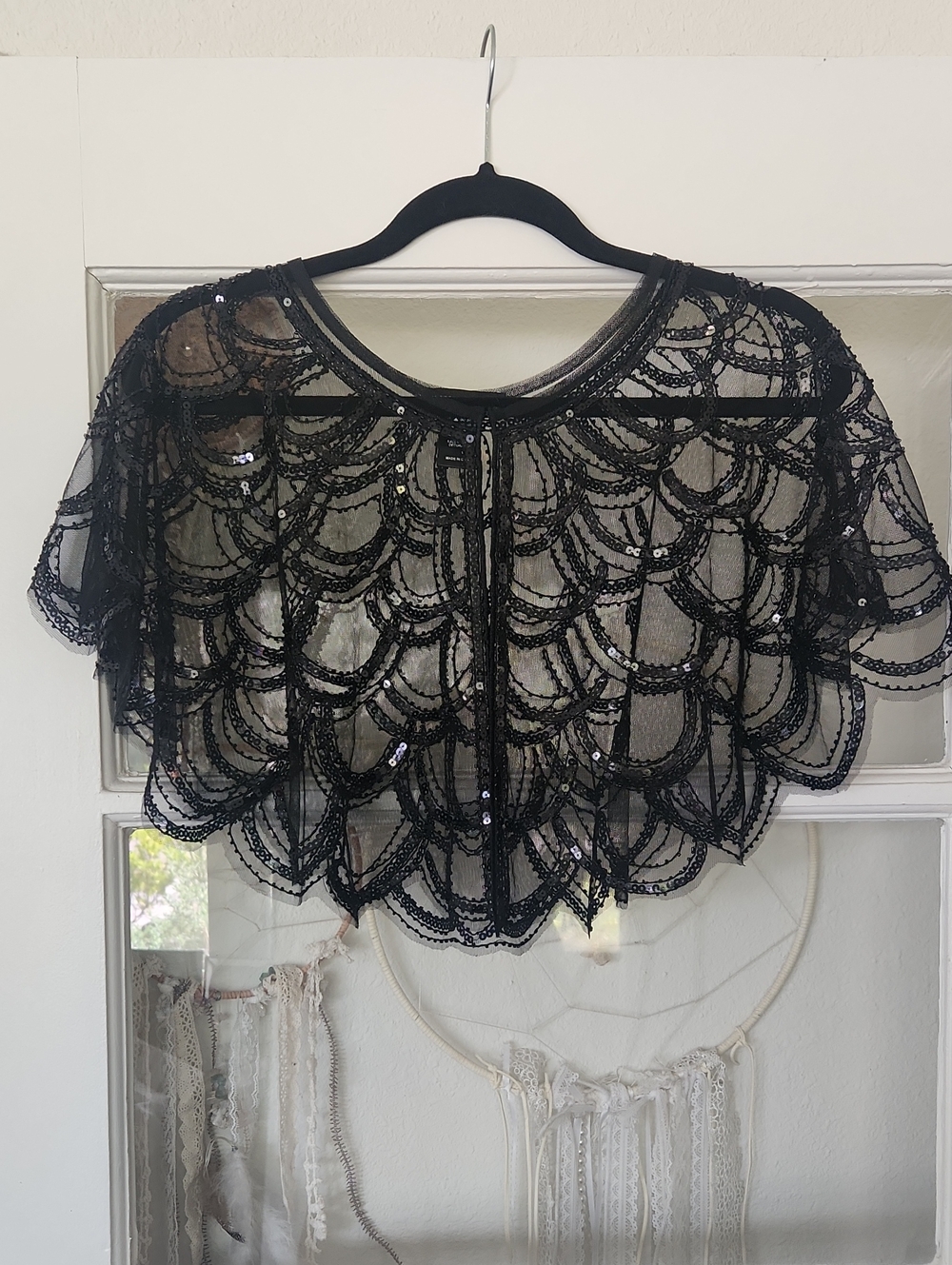 Black Sequined Scallop Sheer Capelet Sweater